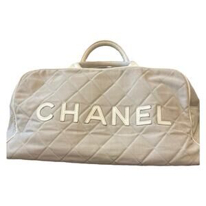 CHANEL Vintage Top Handle Sports Line Boston Stretch Canvas Bag Light Gray